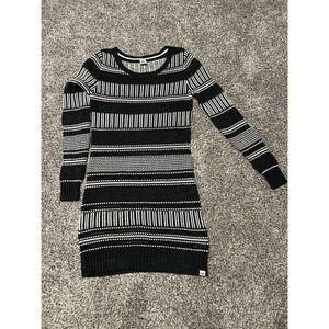 Roxy Women Sweater Dress Large Black White Striped Bodycon Knit Long Sleeve Mini